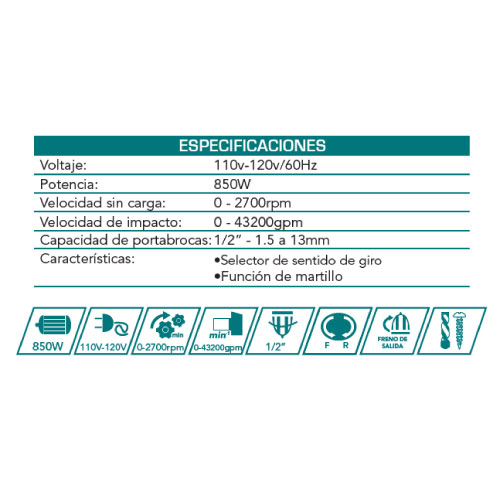 TALADRO PERCUTOR 1 2  850W TOTAL UTG109136