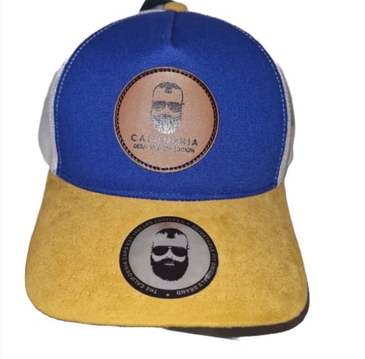 CALIFORNIA CAPS TRUCKER FRONTAL AZUL VISERA AMARILLA Y MALLA BLANCA