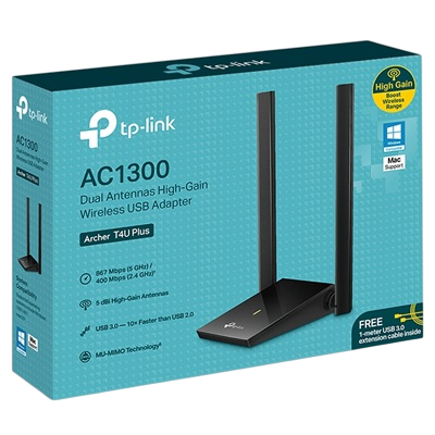 ADAPTADOR TP-LINK TPLINK ARCHER T4U PLUS USB 3.0 ROMPEMUROS AC1300MBPS DUAL BAND 2 ANTENAS PARA PC Y LAPTOP