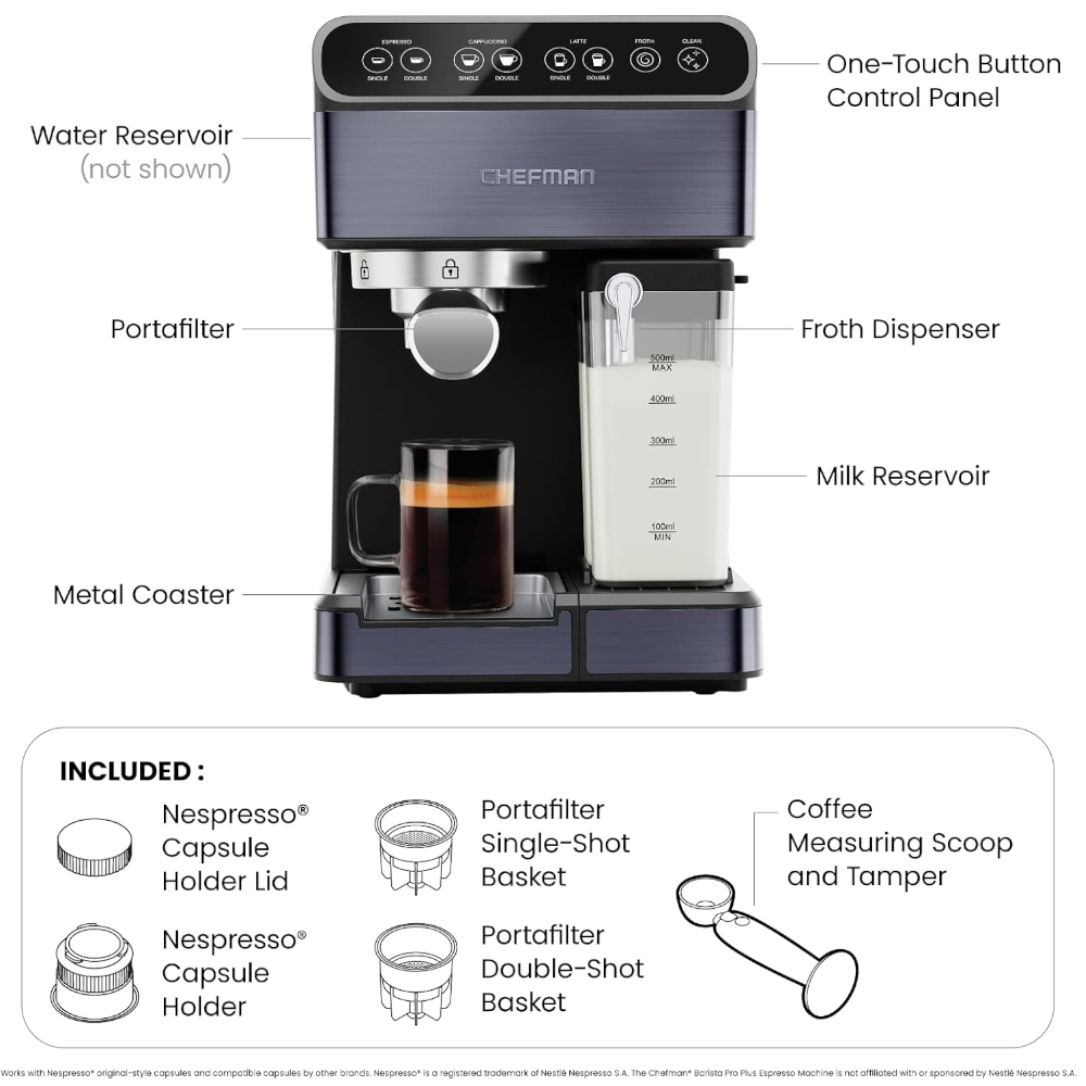 CAFETERA EXPRESO-CAPUCHINO-LATE CHEFMAN PRO PLUS 6 EN 1-TOUCH-CAPSULA- CON 20 BARES 1.8LTS NEGRO