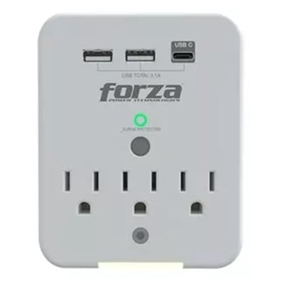 FORZA FWT 331USBC PROTECTOR CONTRA SOBRETENSIONES MONTAJE EN PARED CA 125 V   1875 VATIOS CONECTORES DE SALIDA 3 BLANCO