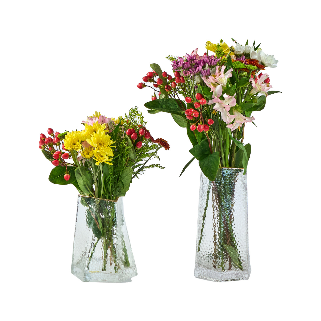 Floreros de vidrio con filo dorado y textura - Set X 2