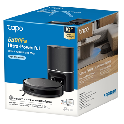 ASPIRADORA ROBOT TP-LINK TAPO RV20 MAX PLUS TRAPEADOR SLIM 5300PA BASE AUTOVACIADO SMART CONTROL POR VOZ 45 NIVELES NEGRA