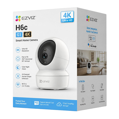 CAMARA DE SEGURIDAD EZVIZ H6C G1 4K 8MP WIFI 6 DUAL BAND 2.4GHZ Y 5GHZ IP INTERIOR LENTE 4MM SOPORTA MICRO SD 512GB