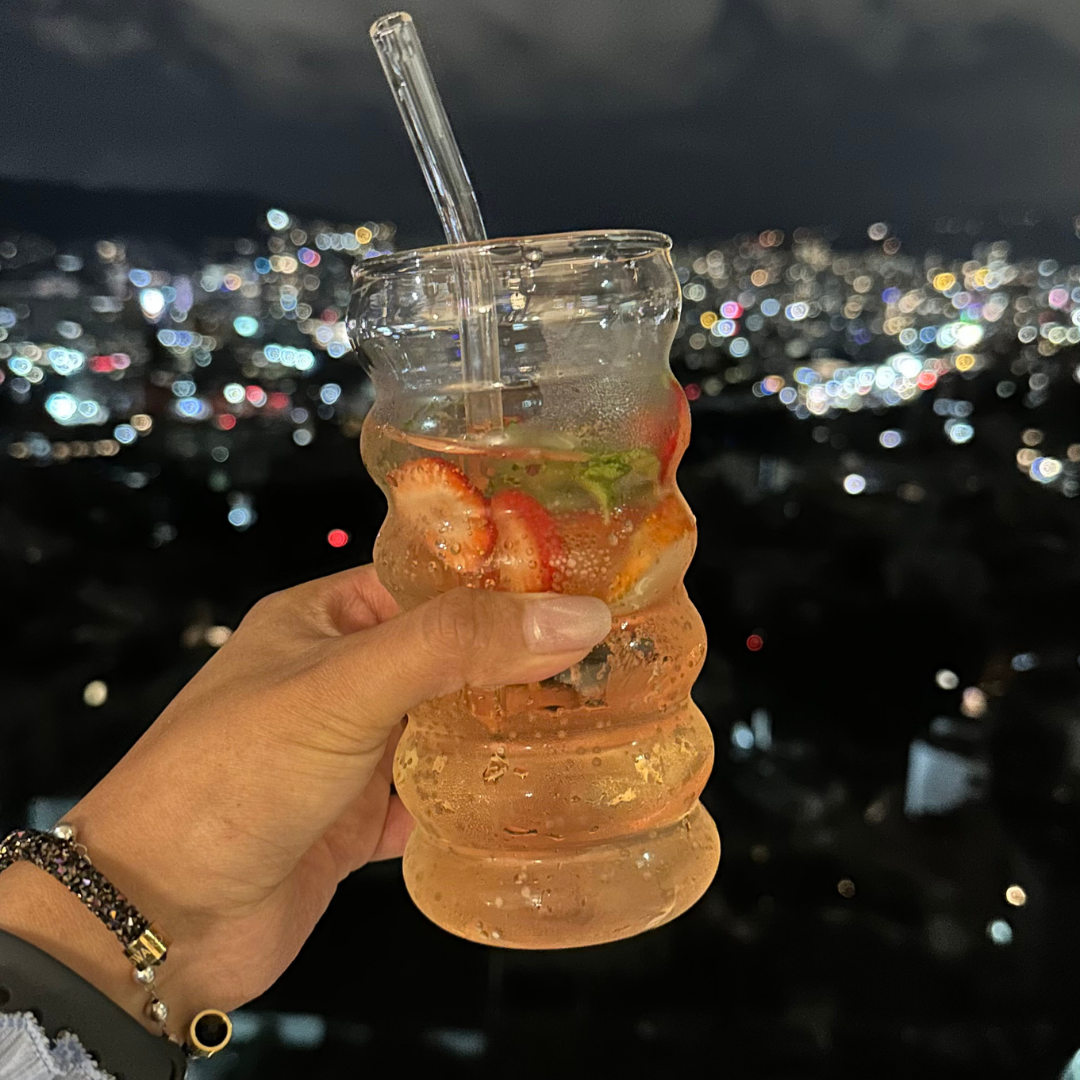 2 Vasos de vidrio con tapa de bambú y sorbete de vidrio - SET X 2