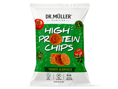 CAJA DR.MULLER HIGH PROTEIN CHIPS TOMATE ALBAHACA 50G - 22 UNIDADES