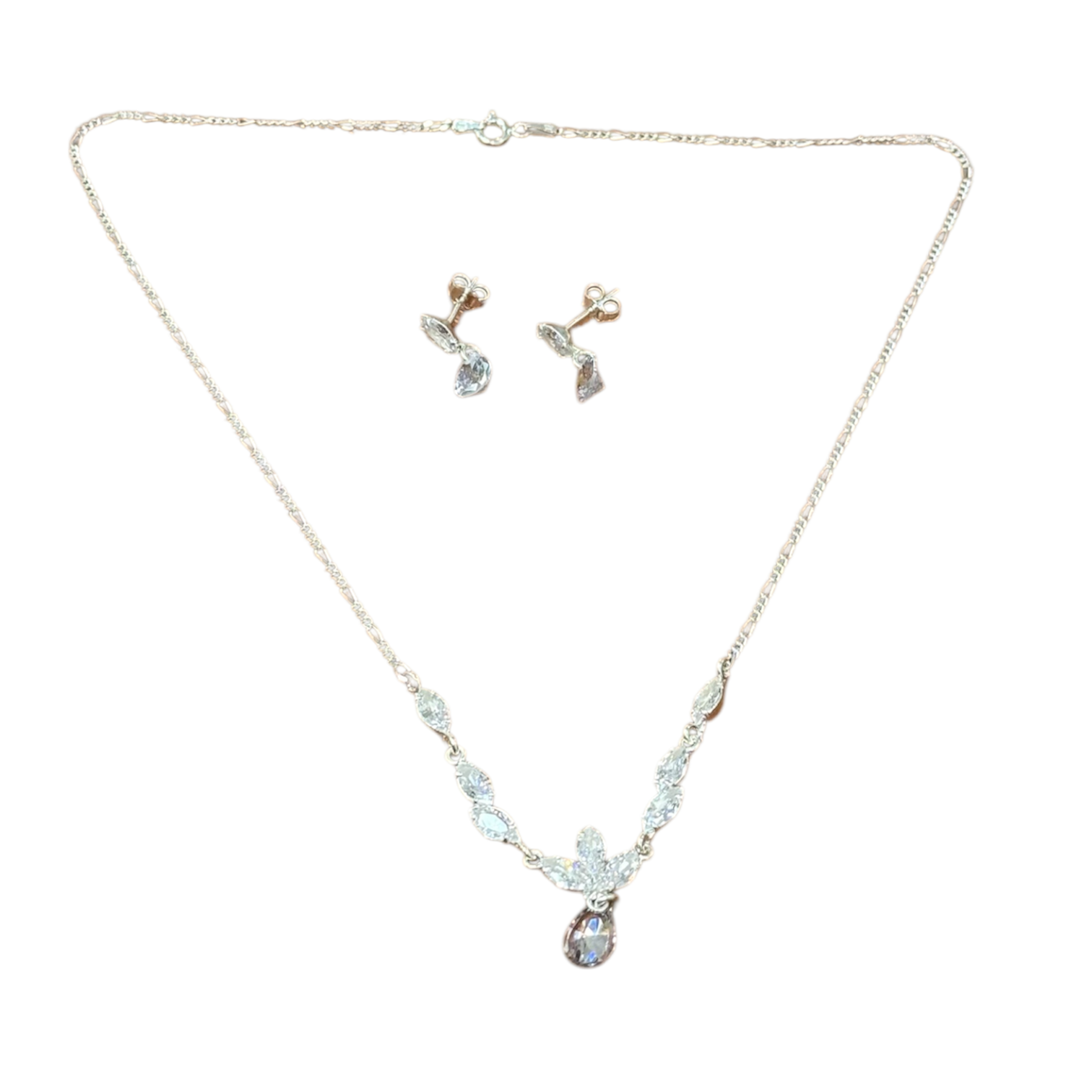 Juego Collar Y Aretes Triada Circon Transparente