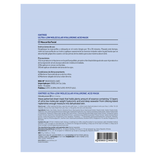 Isntree Mask Face Hialuronic Acid 25 g 10 Unidades