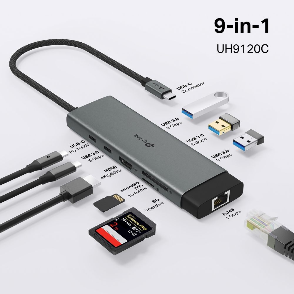 CONVERTIDOR TP-LINK TPLINK HUB UH9120C 4K 9 EN 1 HDMI USB TIPO C X2 RJ45 5GBPS USB TIPO A X3
