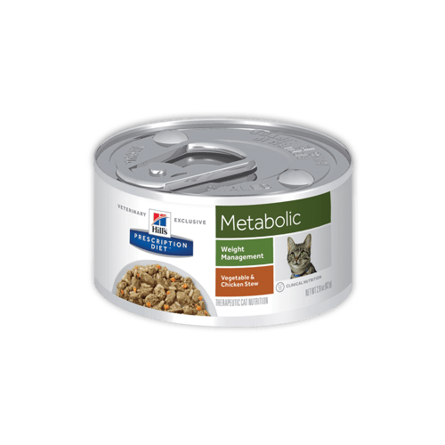 Hill's Prescription Diet Metabolic Feline Vegetable & Chicken Stew ฮิล อาหารเปียกแมวสำหรับแมวที่ต้องการควบคุมน้ำหนัก ขนาด 2.9 ออนซ์ (24 กระป๋อง)