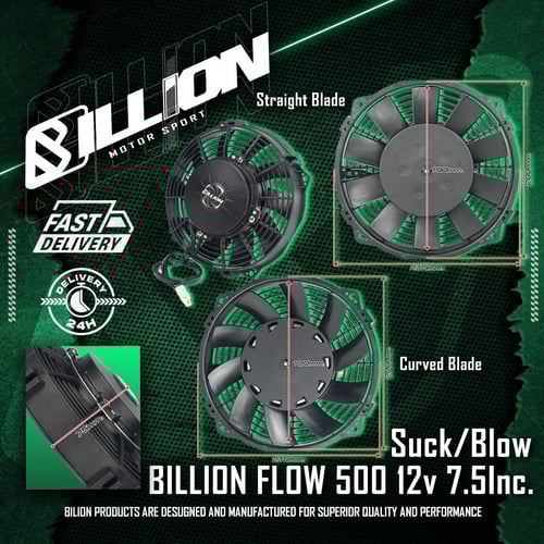 พัดลมไฟฟ้า Billion Flow 500 12v 7.5นิ้ว [ใบตรง-แบบเป่า]
