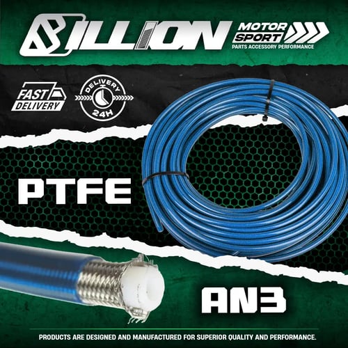 Billion สายน้ำมันเบรค PTFE AN3 สีน้ำเงิน | สายเบรคถักแรงดันสูง ทนความร้อน [ราคาต่อฟุต]