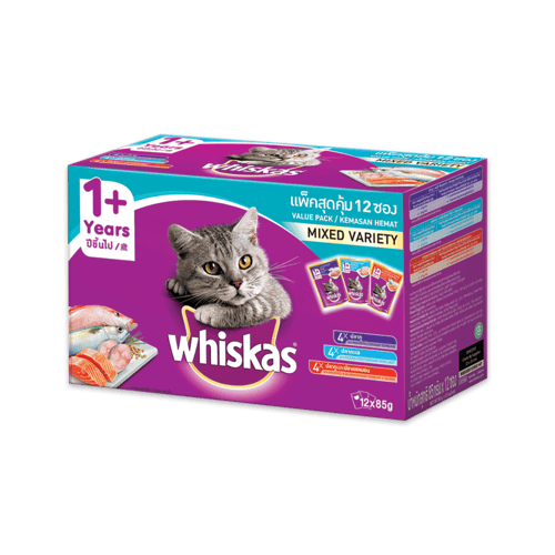 [MANOON] WHISKAS  Pouch Multipack Adult Mackerel, Ocean Fish, Mackerel&Salmon วิสกัส เพาท์ สำหรับแมวโต รสปลาทู,ปลาทะเล,ปลาทูและปลาแซลมอน ขนาด 80 กรัม (12 ซอง)