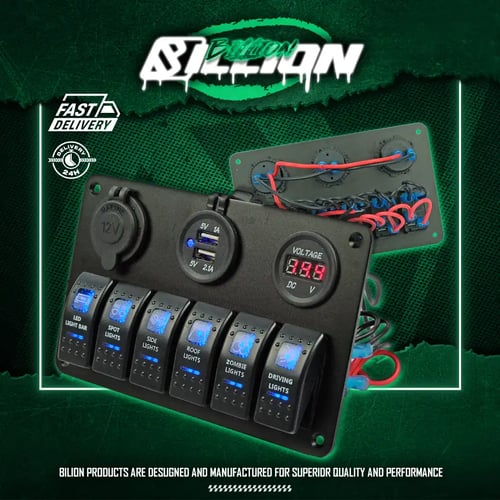 Billion แผงสวิตช์ไฟอลูมิเนียม 6 ปุ่ม พร้อม USB Socket 12V