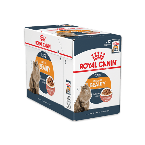 Royal Canin Pouch Intense Beauty Care in gravy โรยัล คานิน อาหารสำหรับแมวโตอายุ 1 ปีขึ้นไป ช่วยดูแลผิวหนังและเส้นขน ขนาด 85 กรัม (12 ซอง)