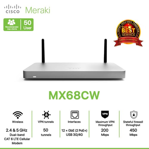 Cisco Meraki MX68CW Router All in one Wireless, LTE, Security, and