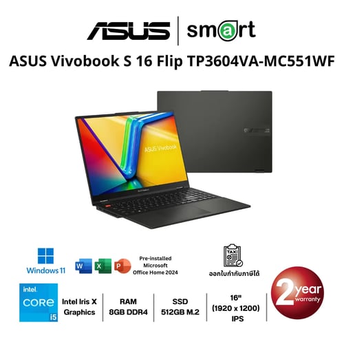  โน๊ตบุ๊ค Notebook  ASUS Vivobook S 16 Flip TP3604VA-MC551WF Intel i5-13500H/8GB/512GB/16"/Win11+Office/Midnight Black