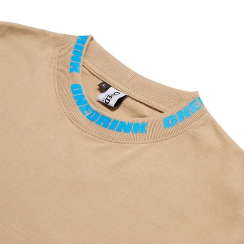 ONE DRINK AND WE GO HOME LOGO BLUE T-SHIRT CREAM