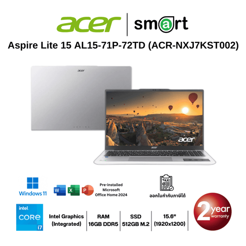 โน๊ตบุ๊ค Notebook Acer Aspire Lite 15 AL15-71P-72TD i7-12650H/16GB/512GB/15.6"/Win11+Office (Light Silver)
