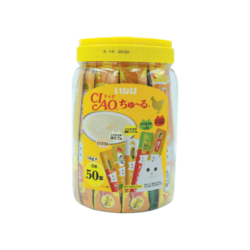 CIAO Churu Box Set Cream Snack for cats Chicken Mix Festive เชาว์ ชูหรุ กระปุกขนมครีมแมวเลีย รวมรสสันในไก่ ขนาด 14 กรัม (50 แท่ง)
