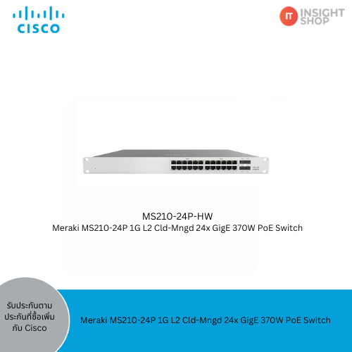 Meraki MS210-24P 1G L2 Cld-Mngd 24x GigE 370W PoE Switch
