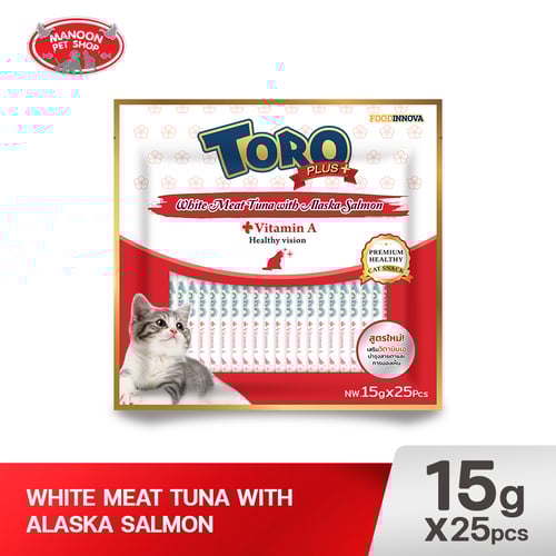 TORO PLUS+ แมวเลีย ทูน่าเนื้อขาว อลาสก้าแซลมอน 25x15g.