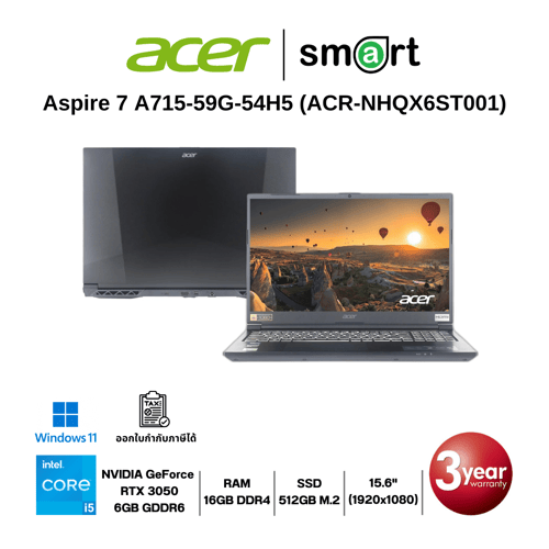 โน๊ตบุ๊ค Notebook Acer Aspire 7 A715-59G-54H5 i5-12450H/RTX 3050/16GB/512GB/15.6"/Win11 (Titanium Black)