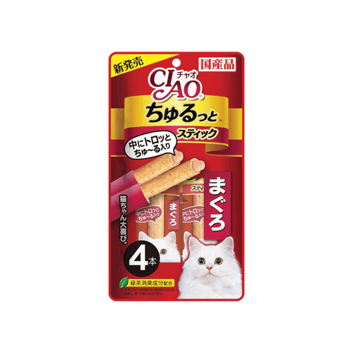 [MANOON] CIAO  Churutto Cat Treats Tuna Maguro Liquid Flavor เชาว์ ชูหรุโตะ ขนมแมวสติ๊กสอดไส้แบบเเท่ง สูตรมากุโระ ขนาด 112 กรัม