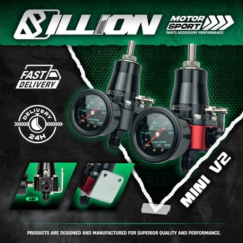 ชุดเร็กกูเรเตอร์ Billion Mini V.2 AN6 30-70 PSI + หน้าเกจวัด [BLACK-RED] สำหรับระบบน้ำมันรถยนต์