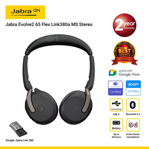 Jabra Evolve2 65 Flex Link380a MS Stereo Type-A หูฟังไร้สายสำหรับทำงาน-ประชุมออนไลน์ ไมค์ชัด ตัดเสียงรบกวน