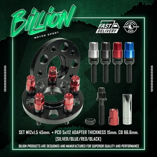 ชุดน็อตล้อ Billion M12x1.5 45mm. + อแดปเตอร์ 5x112 หนา 15mm. CB66.6 (Black)