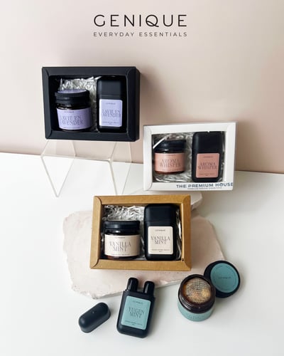 Genique พรีเมี่ยมเซท Giftset Happy Heal ยาดมขวดสีชา+ยาดมสองรู