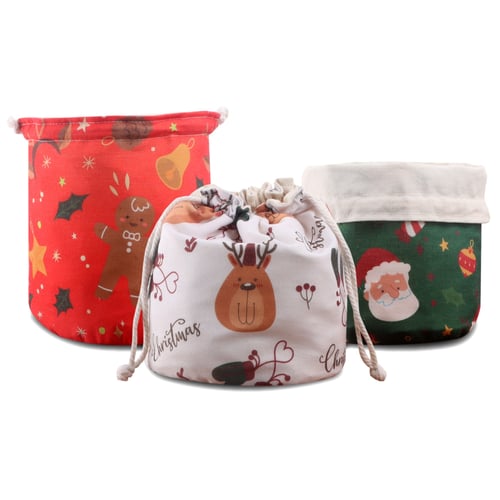 ถุงผ้าอเนกประสงค์ กระเป๋าตะกร้าใส่ของ ลายคริสต์มาส ใช้ได้ 2 ด้าน(สุ่มสี)