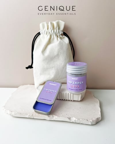 Genique พรีเมี่ยมเซท Giftset Happy Heal ยาดมขวดขาวขุ่น + Aroma Relaxing Balm ในถุงผ้า