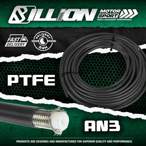 Billion สายน้ำมันเบรค PTFE AN3 สีดำ | สายเบรคถักแรงดันสูง ทนความร้อน [ราคาต่อฟุต]