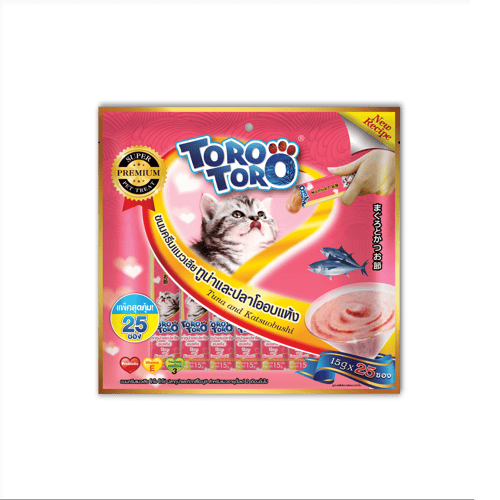 Toro Toro Cat Liquid Lick Snack Tuna and Katsuobushi โทโร โทโร่ ขนมครีมแมวเลีย ทูน่า และปลาโอแห้ง ขนาด 360 กรัม (25 ซอง)