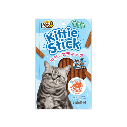 Pet8 JPT02 Kittie Stick Cat Treat Slamon Flavour เพ็ทเอ็ท คิตตี้ สติ้ก ขนมแมว แบบแท่ง ผสมวิตามินทอรีน รสแซลมอน ขนาด 45 กรัม