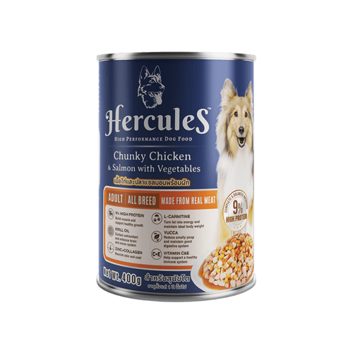 [MANOON] HERCULES Can Adult All Breed Chucky Chicken topping Salmon with Vegetables Flavor เฮอร์คิวลิส อาหารสำหรับสุนัขโต สูตรเนื้อไก่และแซลมอนพร้อมผัก ขนาด 400 กรัม (12 กระป๋อง)