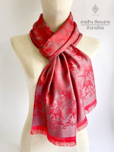 ผ้าคลุมไหล่ลายไทย ลายช้าง สีแดงชาด 01F-805308