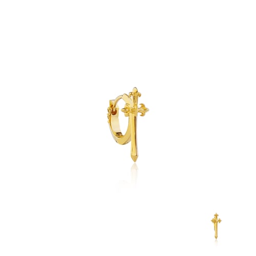 Prophet's Calibur Huggie Earring - Gold 24 K  ต่างหูเงินแท้ 925 แบบห่วงกริ๊กฮักกี้ ทำมือแกะลายดาบยุคกลางแห่งการทำนาย ขัดเงาชุบทองคำแท้ 24 กะรัต  **