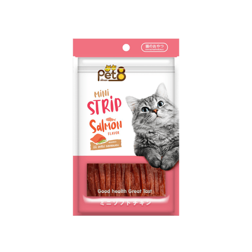 [MANOON] PET8  JP02 Mini Strip Salmon Flavor เพ็ทเอ็ท มินิสตริป ไก่สไลด์ ขนมแมว รสแซลมอน ขนาด 35 กรัม