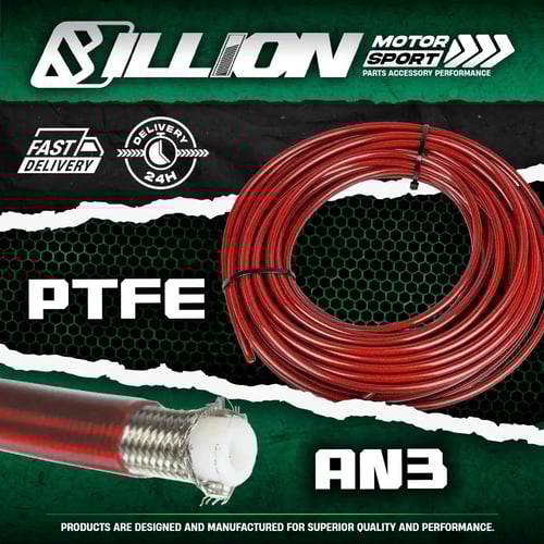 Billion สายน้ำมันเบรค PTFE AN3 สีแดง | สายเบรคถักแรงดันสูง ทนความร้อน [ราคาต่อฟุต]