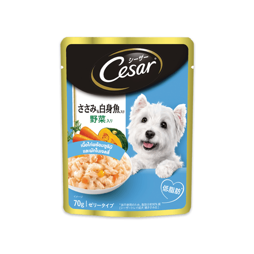 Cesar Pouch ซีซาร์ อาหารเปียกสุนัขแบบซอง รสเนื้อไก่พร้อมซูริมิและผักในเยลลี่ ขนาด 70 กรัม