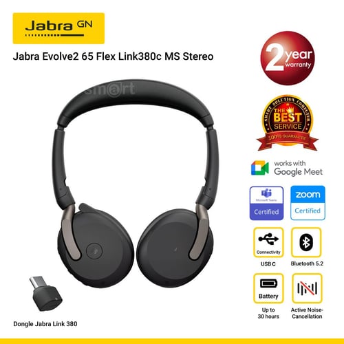 Jabra Evolve2 65 Flex Link380c MS Stereo Type-C หูฟังไร้สายสำหรับทำงาน-ประชุมออนไลน์ ไมค์ชัด ตัดเสียงรบกวน