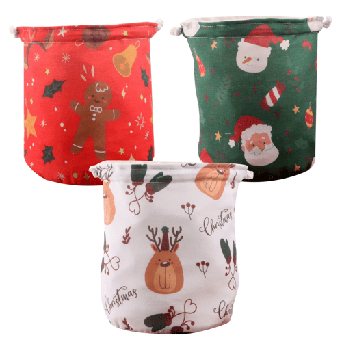 ถุงผ้าอเนกประสงค์ กระเป๋าตะกร้าใส่ของ ลายคริสต์มาส ใช้ได้ 2 ด้าน(สุ่มสี)