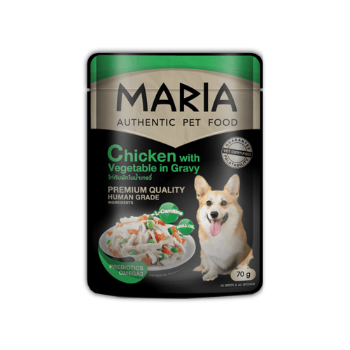 Maria Pouch มาเรีย อาหารเปียกสุนัข แบบซอง สูตรเนื้อไก่กับผักรวมในน้ำเกรวี่ ขนาด 70 กรัม