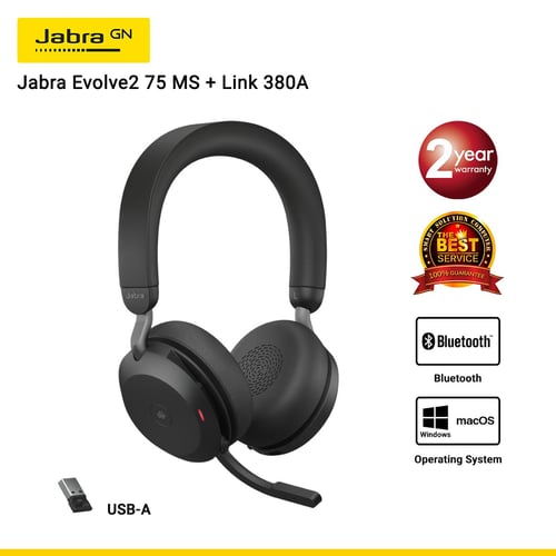 Jabra Evolve2 75 MS + Link 380A Stereo หูฟังไร้สายสำหรับทำงาน-ประชุมออนไลน์ ไมค์ชัด ตัดเสียงรบกวน