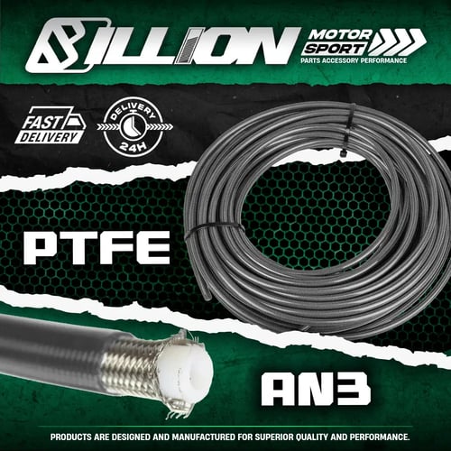 Billion สายน้ำมันเบรค PTFE AN3 สีเงิน | สายเบรคถักแรงดันสูง ทนความร้อน [ราคาต่อฟุต]