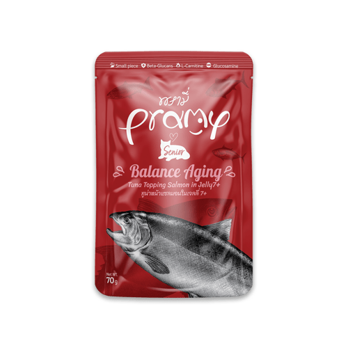 Pramy Balance Aging Tuna Salmon in Jelly 7+ flavor พรามี่ อาหารเปียก รสทูน่าหน้าแซลมอนในเจลลี่ 7+ ขนาด 70 กรัม (12 ซอง)