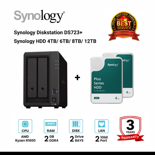 [โค้ด 99DDAY0599 ลดทันที 599.-] [NEW]- Synology DiskStation DS723+ 2-Bay NAS + Synology HDD 4TB/6TB/8TB/12TB